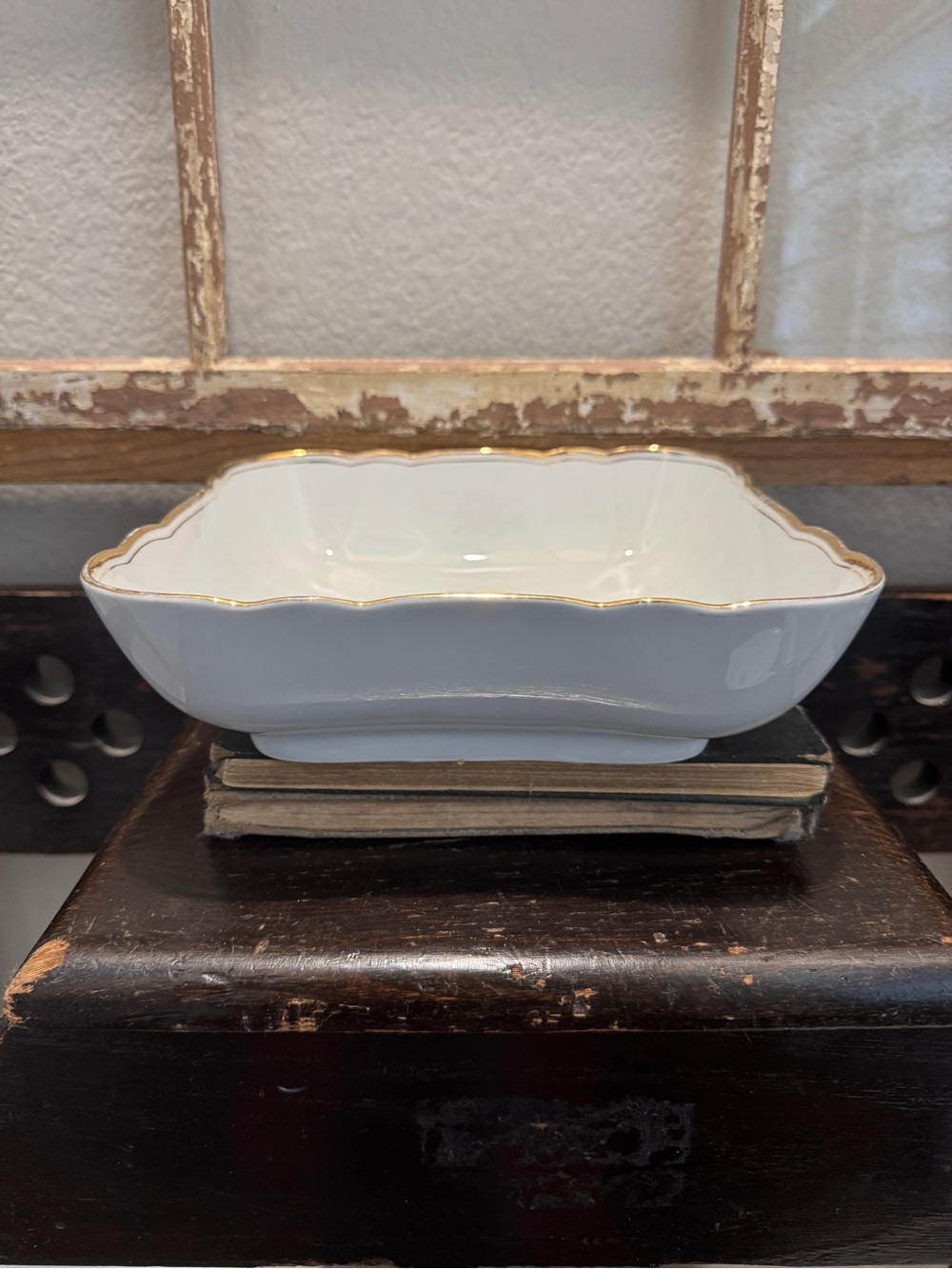 Vintage White Porcelain Serving Bowl with Gold Trim